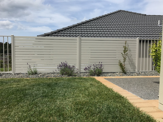 cream white horizontal slat panel fence 